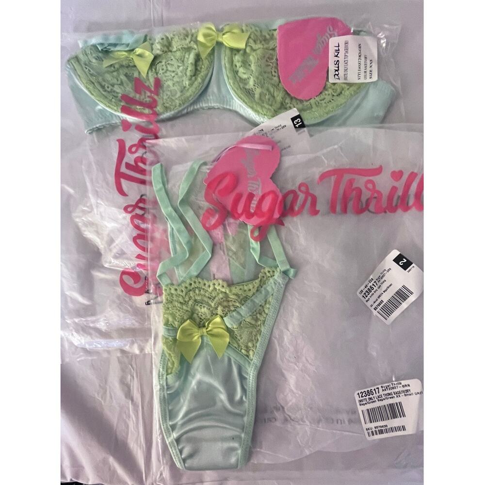 Dolls Kill Sugar Thrillz Invite Only Lace Lingerie Set Sage Bra/Panty XXS NWT